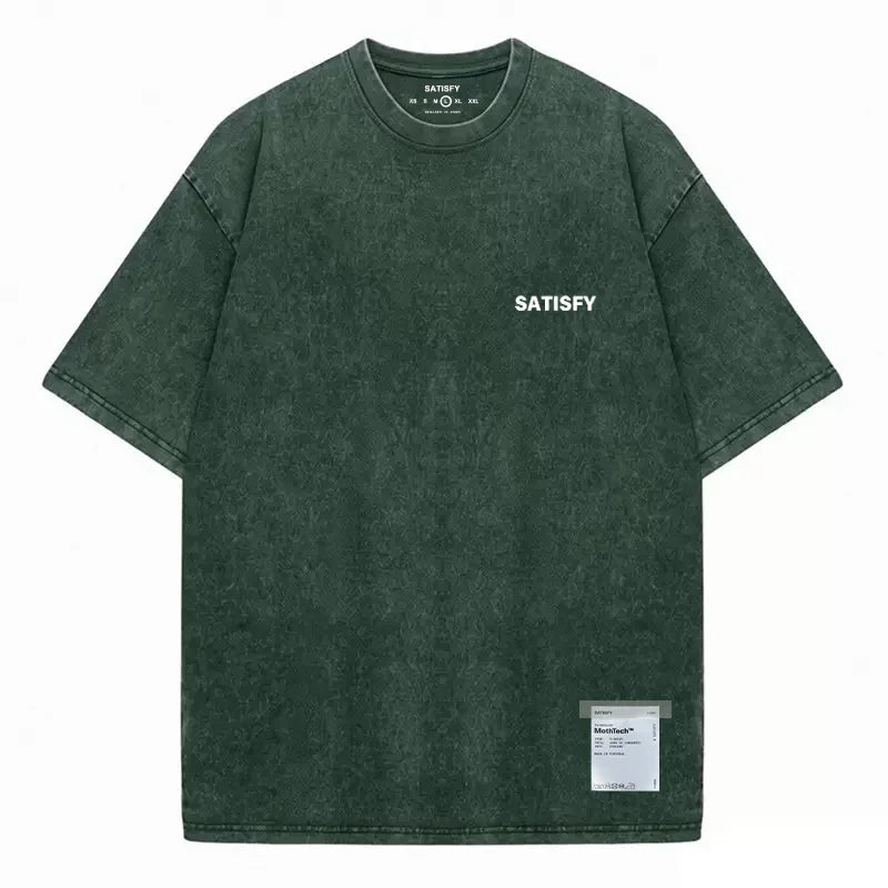 SATISFY Running MothTech Distressed Graphic T-Shirt — Loose Fit Cotton Short Sleeve Tee