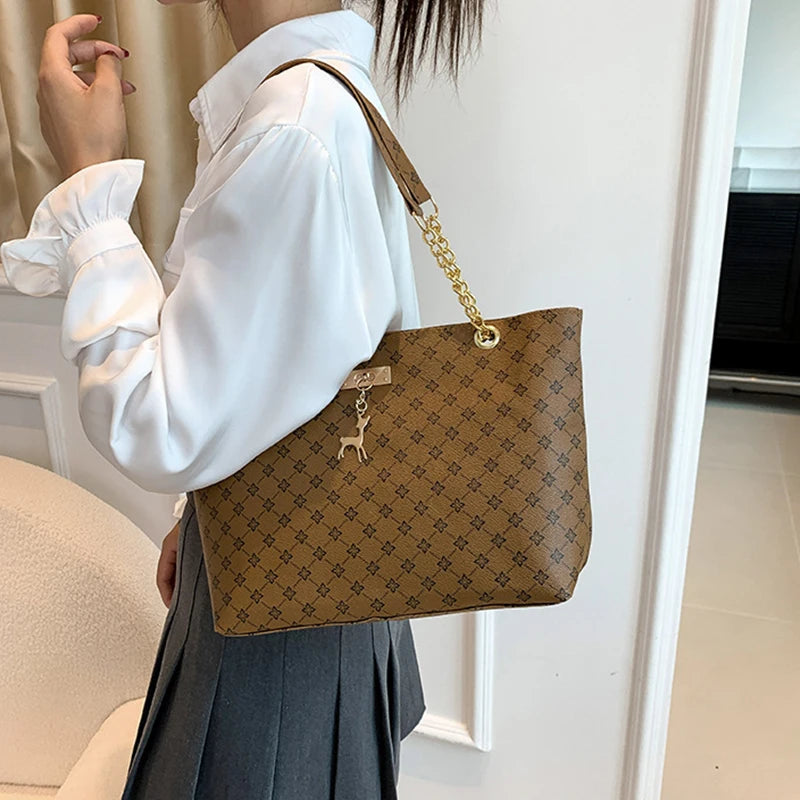 Soft Leather Large Capacity Tote Bag – Women's Shoulder Bag with Hanging Accessories