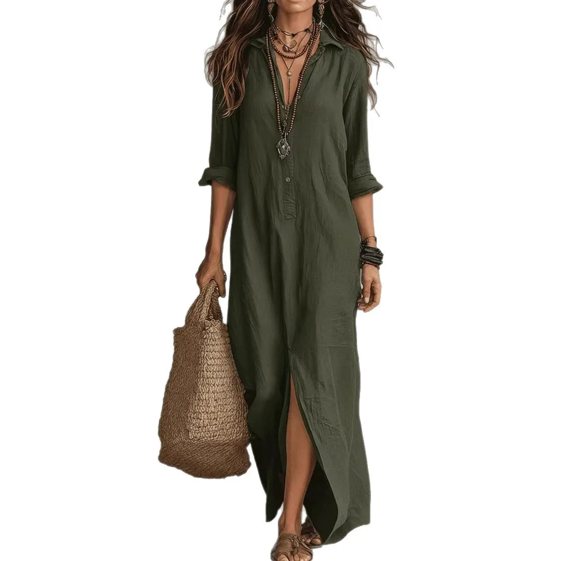 Women's Casual Long Sleeve Loose Maxi Dress – Solid Color Turn-Down Collar Beach & Elegant Dress