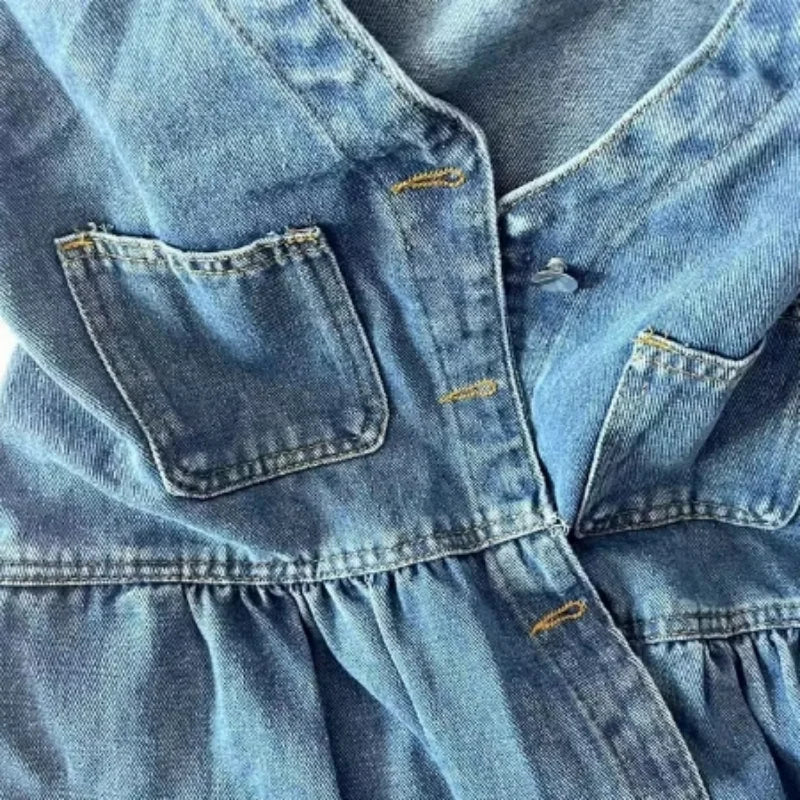 Sleeveless Denim Mini Dress — Korean Style Loose A-Line Dress with Pockets