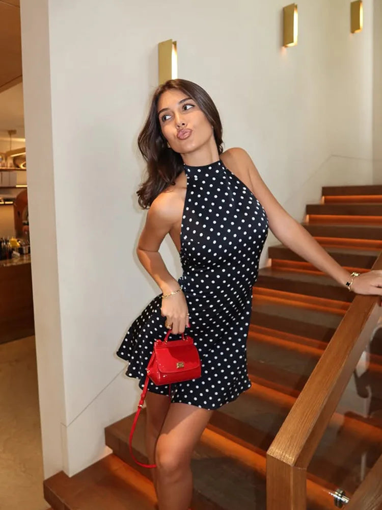 Halter Dot Print Backless Sleeveless Mini Dress – Sexy Streetwear Sheath O-Neck Slim Vestido