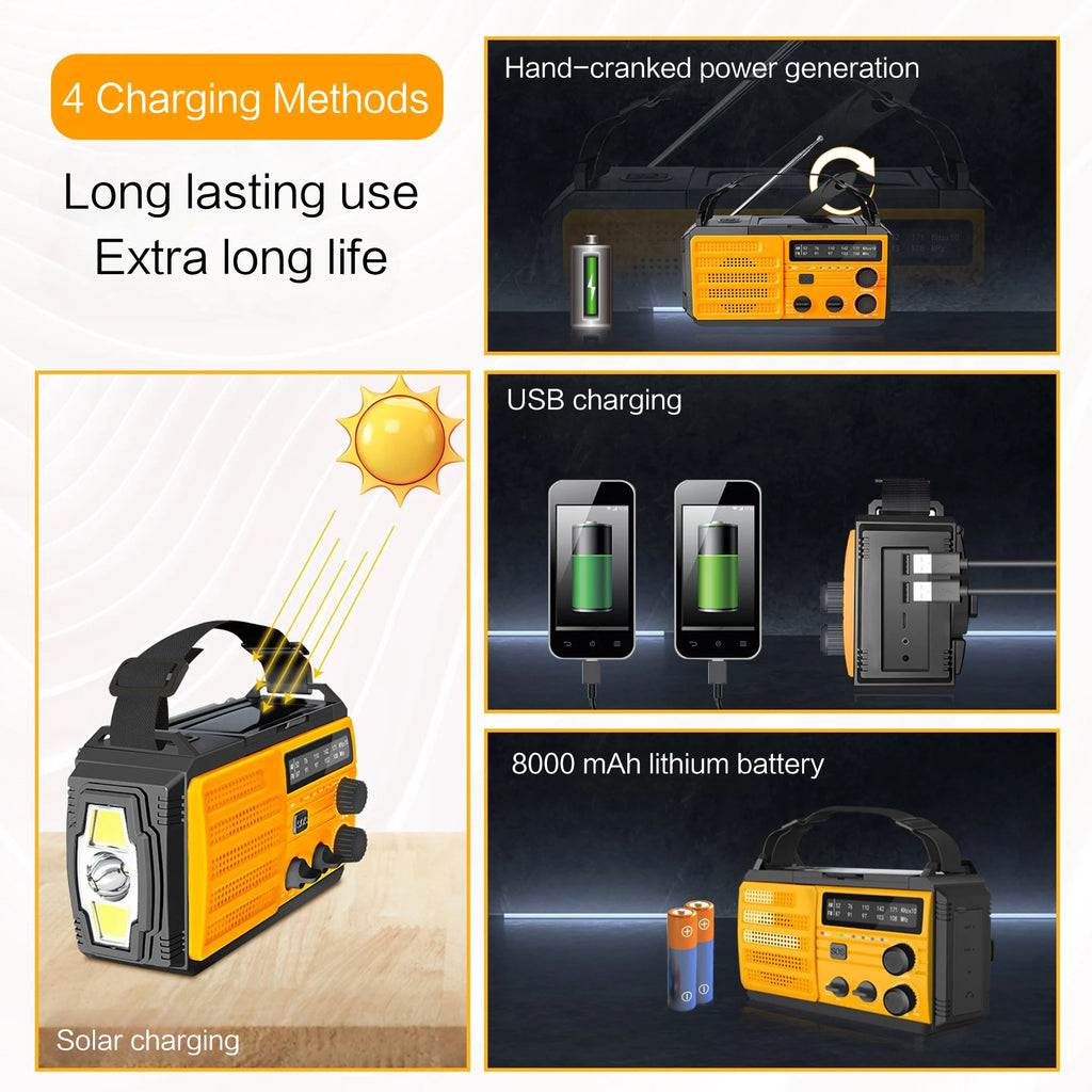 Emergency Weather Radio — FM/AM/WB, Hand Crank Solar, 2000mAh Power Bank & LED Flashlight