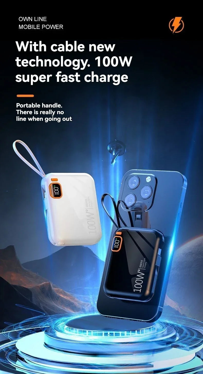 66W Portable Mini Power Bank 20000mAh – Built-in Cable, PD Fast Charging for iPhone & Android