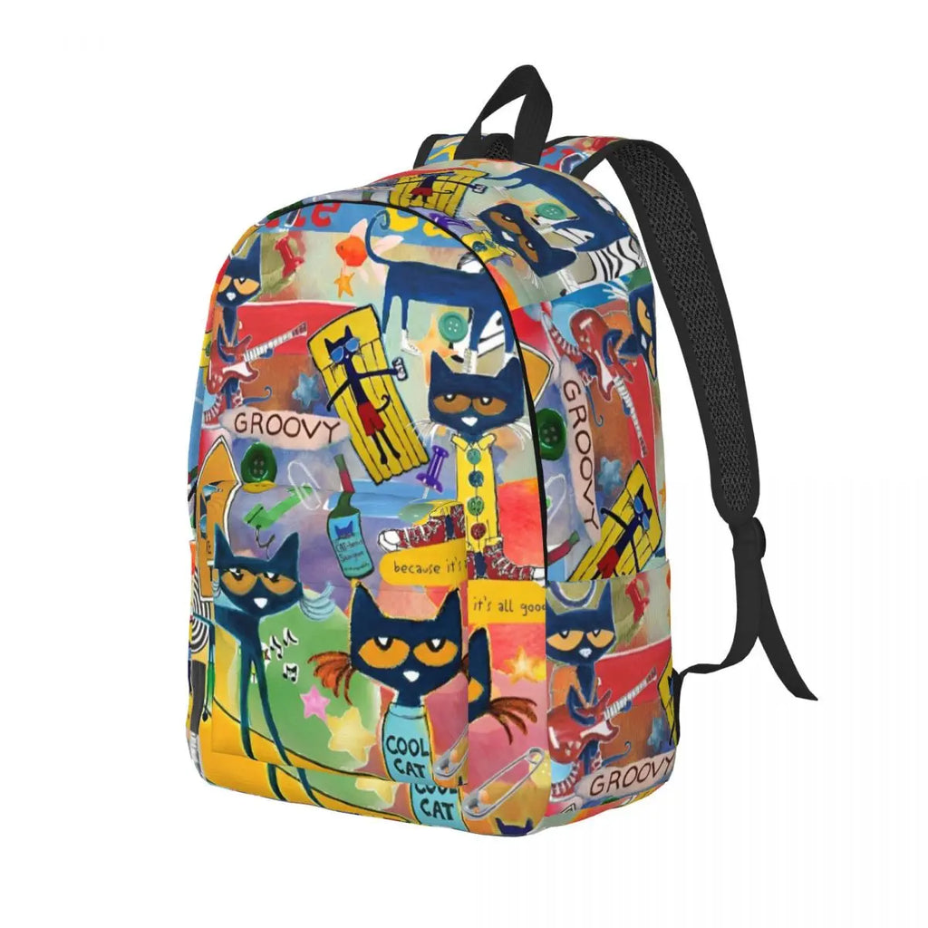 Colorful backpack with cat-themed design on a white background