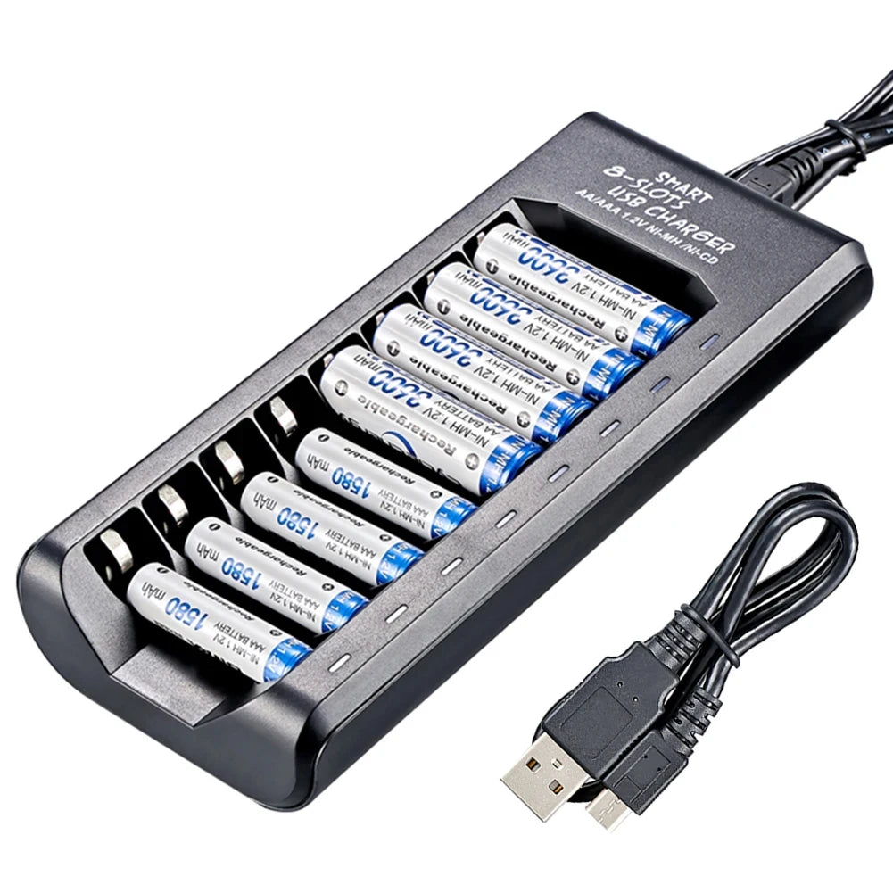 8-Slot USB NiMH AA/AAA Battery Charger – Fast Charging with Short Circuit Protection & USB Output