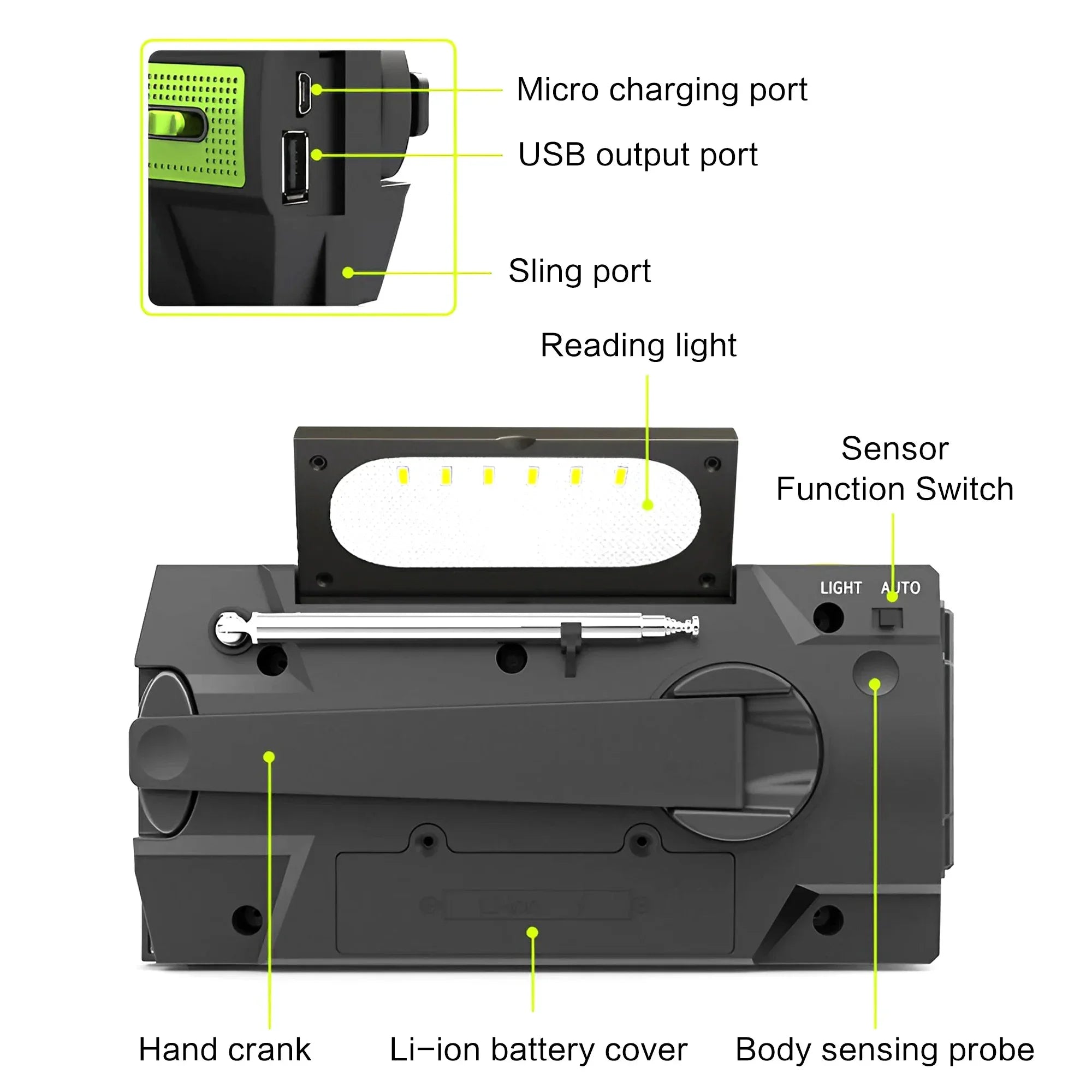 Emergency Weather Radio — FM/AM/WB, Hand Crank Solar, 2000mAh Power Bank & LED Flashlight