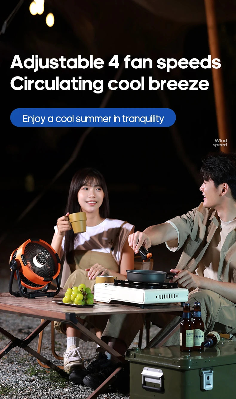6-in-1 Portable Camping Fan – 20000mAh Rechargeable Wireless Tent Ceiling Fan with LED Light & Power Bank