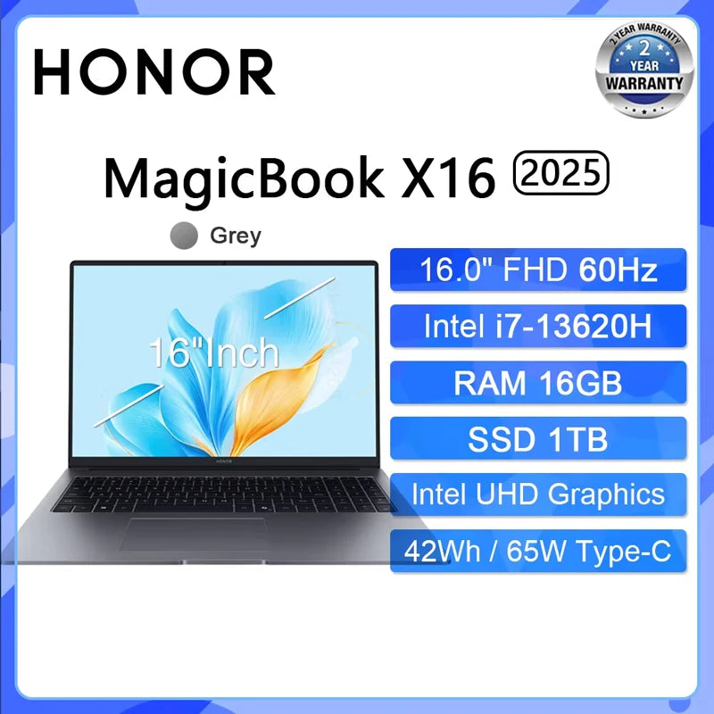 HONOR MagicBook X16 2025 – 16" FHD IPS, Intel 13th Gen i5 or i7, Up to 16GB LPDDR4x, 1TB SSD, Wi-Fi 6