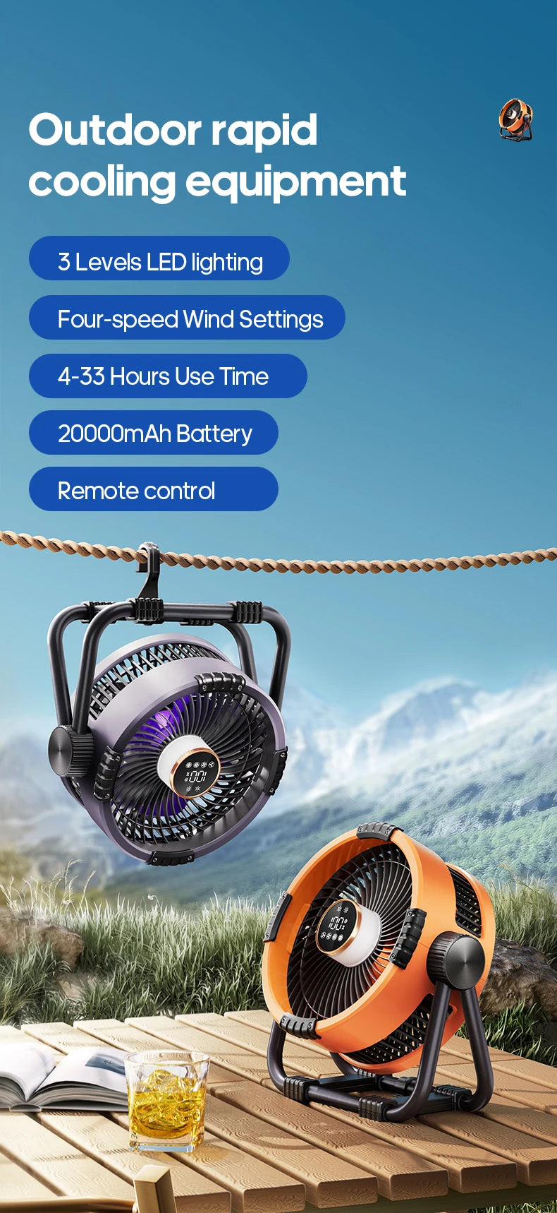 6-in-1 Portable Camping Fan – 20000mAh Rechargeable Wireless Tent Ceiling Fan with LED Light & Power Bank