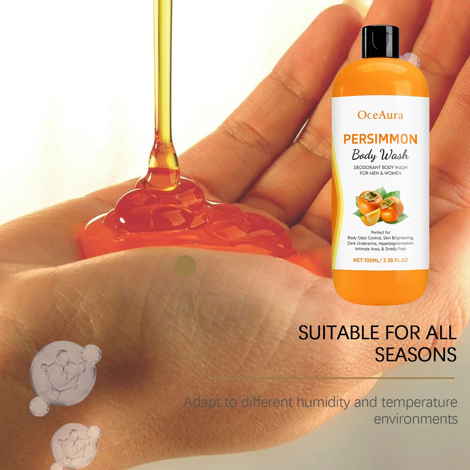 Persimmon Body Wash Gel — Gentle Cleansing, Moisturizing & Body Odor Remover Shower Gel 100ml