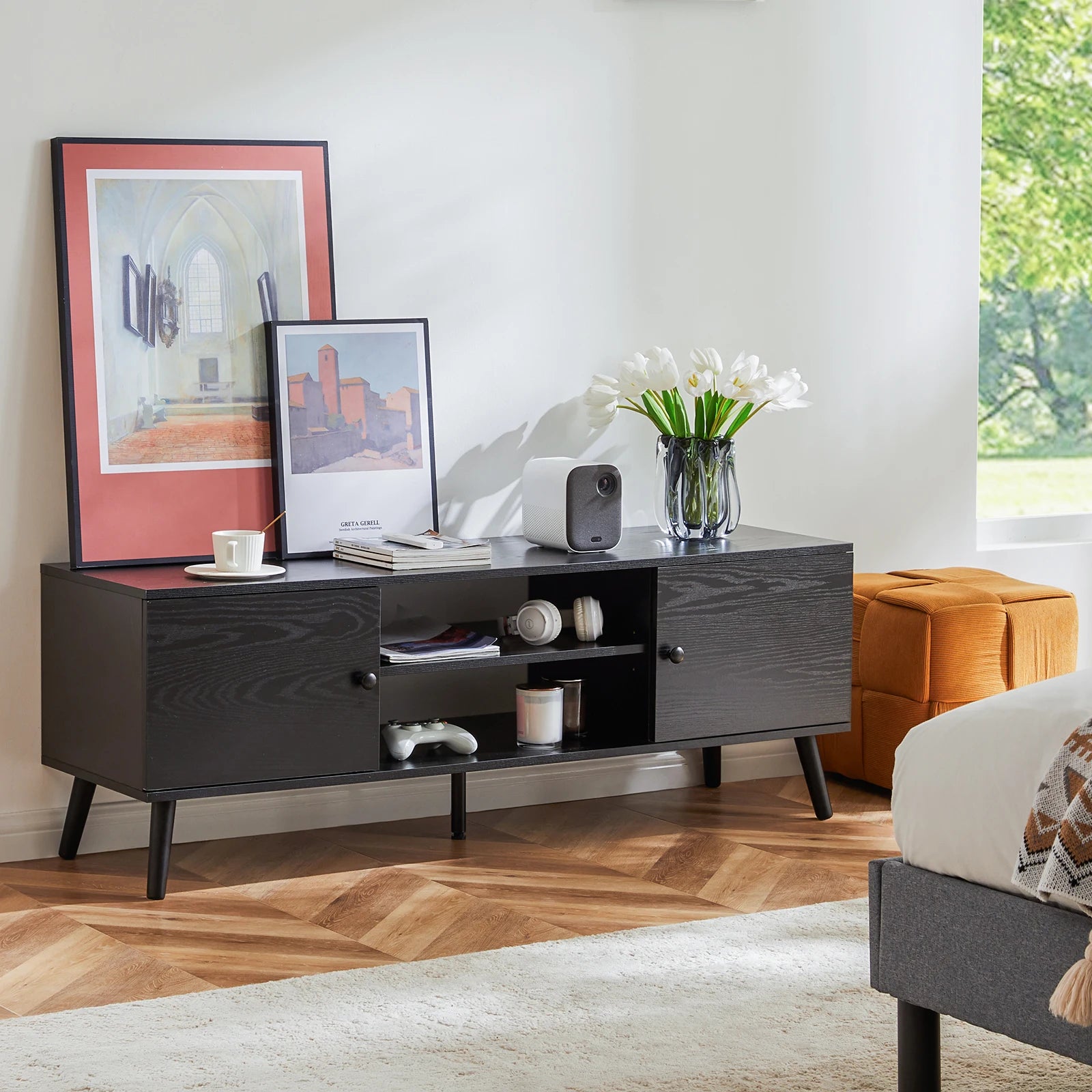 Wooden Fireplace TV Stand for 60" TVs — Entertainment Center with Adjustable Shelf & Storage