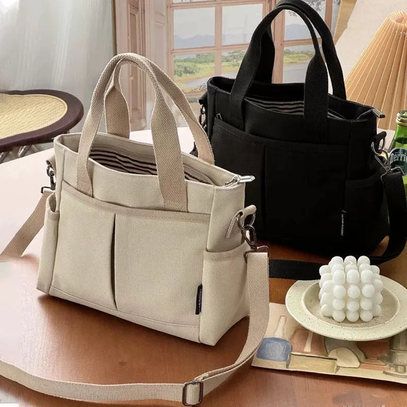 Multi-Pocket Canvas Tote Shoulder Bag – Large Capacity Commuter Shopping Handbag for Women