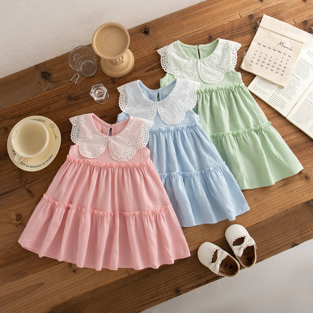 Baby Girl Cotton Beach Dress — Sleeveless Solid Color Lapel Dress