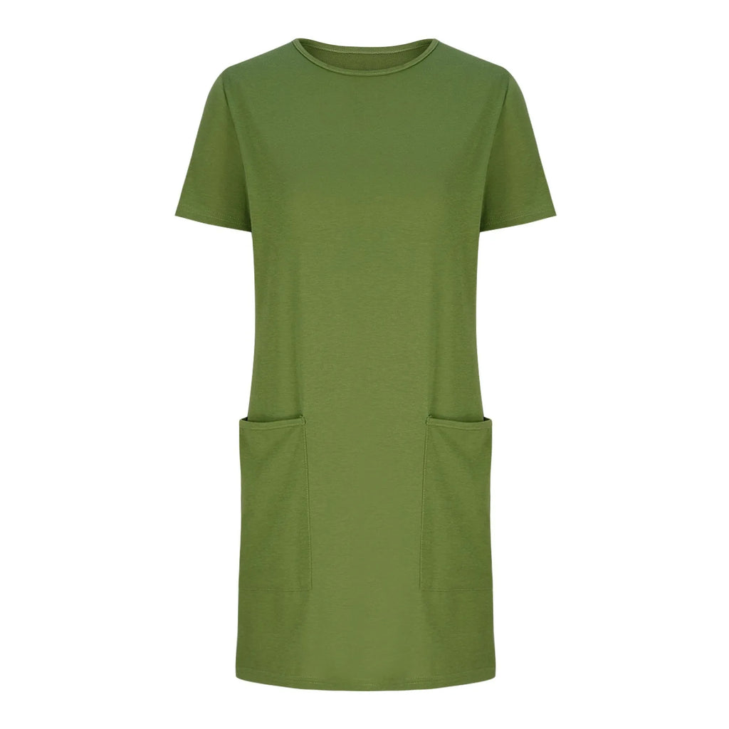 Solid Color Pocket Casual Sports Dress — Short Sleeve O-Neck A-Line Knee-Length Dress