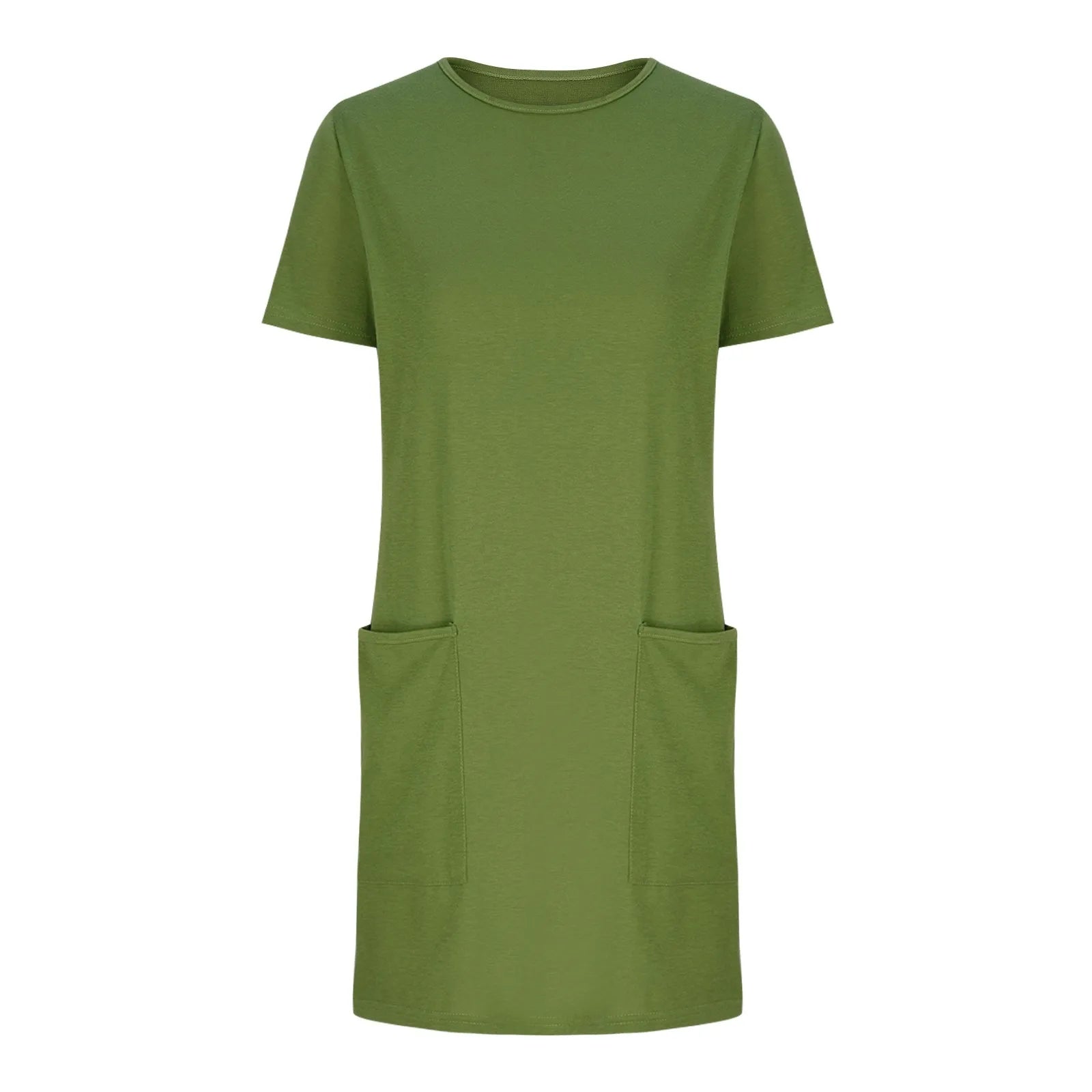 Solid Color Pocket Casual Sports Dress — Short Sleeve O-Neck A-Line Knee-Length Dress