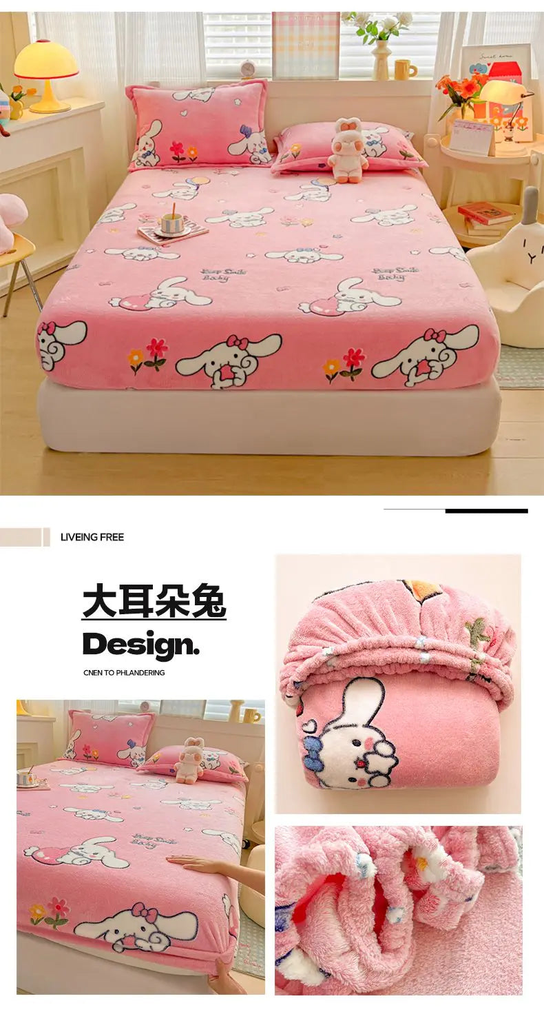 Flannel Fleece Fitted Bed Sheet – Warm Cartoon Purple, Elastic Single to King, Winter Bedsheet