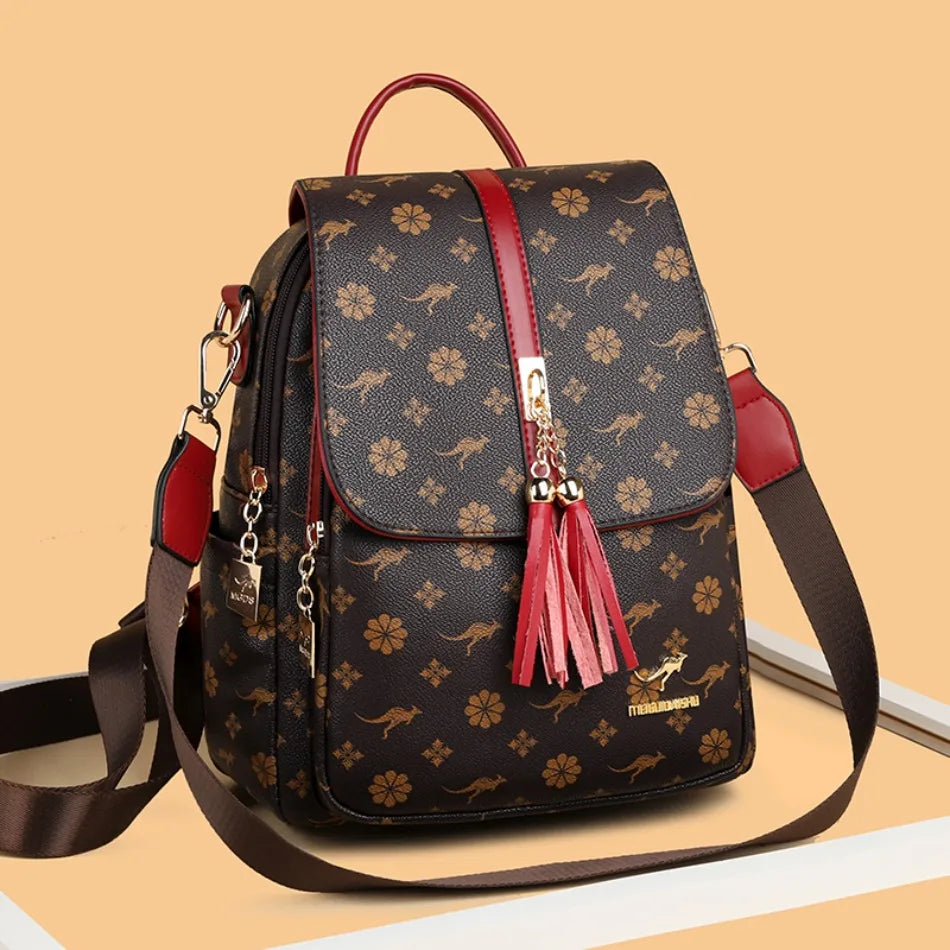 Women's Luxury Leather Backpack – Vintage Print Tassel Fashion Bag