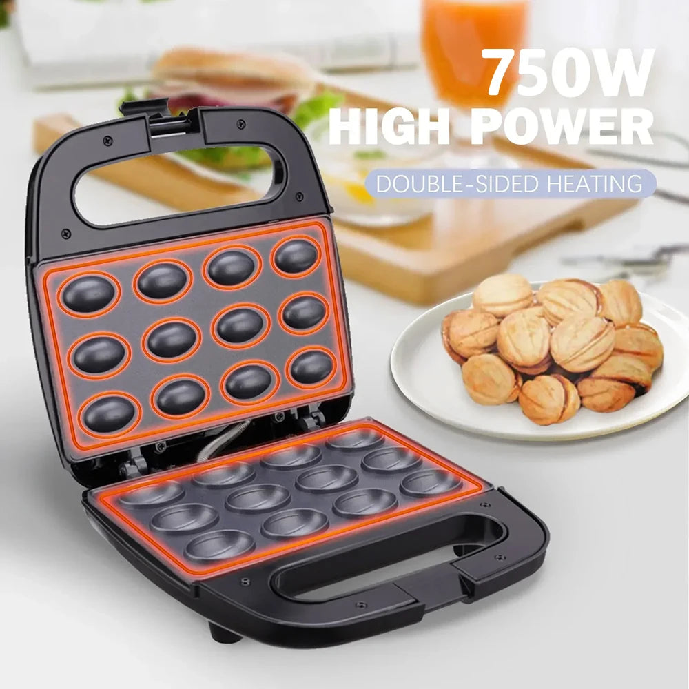 Electric Walnut Cookie Maker – 12-Hole Non-Stick Mold, Automatic Nut Cake & Waffle Breakfast Pan
