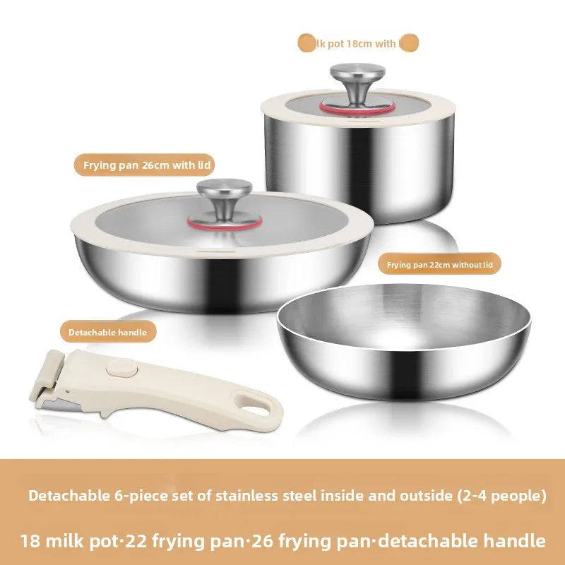 Pot and Cooking Set 316 Stainless Steel Household Full Set Six-Piece Pot Set, Detachable Handle, Uncoated Frying and Frying Wok