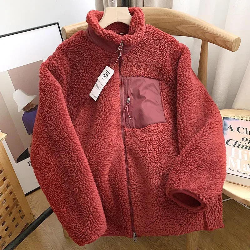 Japanese Fleece Zip Jacket – Unisex Loose Warm Lamb Wool Coat for Couples