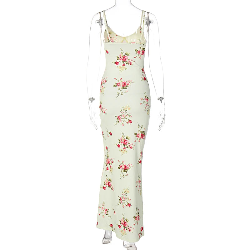 Sexy Y2K Floral Print Sleeveless Backless Bodycon Maxi Dress – Club Birthday & Party Dress