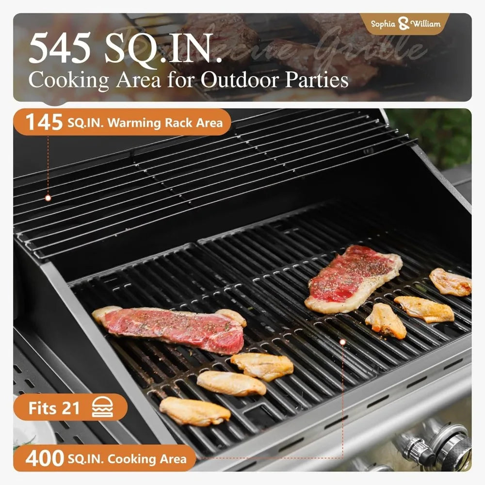 4-Burner Gas BBQ Grill with Side Burner | 42,000 BTU, 542 Sq. In., Porcelain Cast Iron Grates, Cabinet Style, Blue, Outdoor Cooking