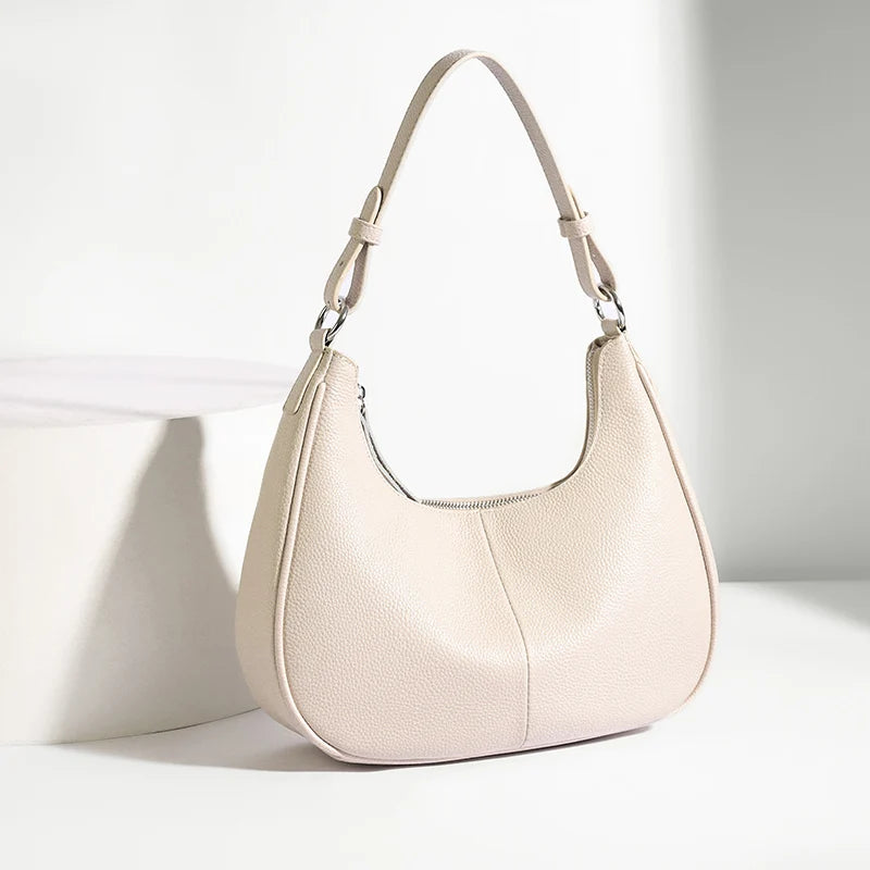 100% Genuine Cowhide Leather Half-Moon Underarm Tote Bag – Crossbody Shoulder Bag for Women