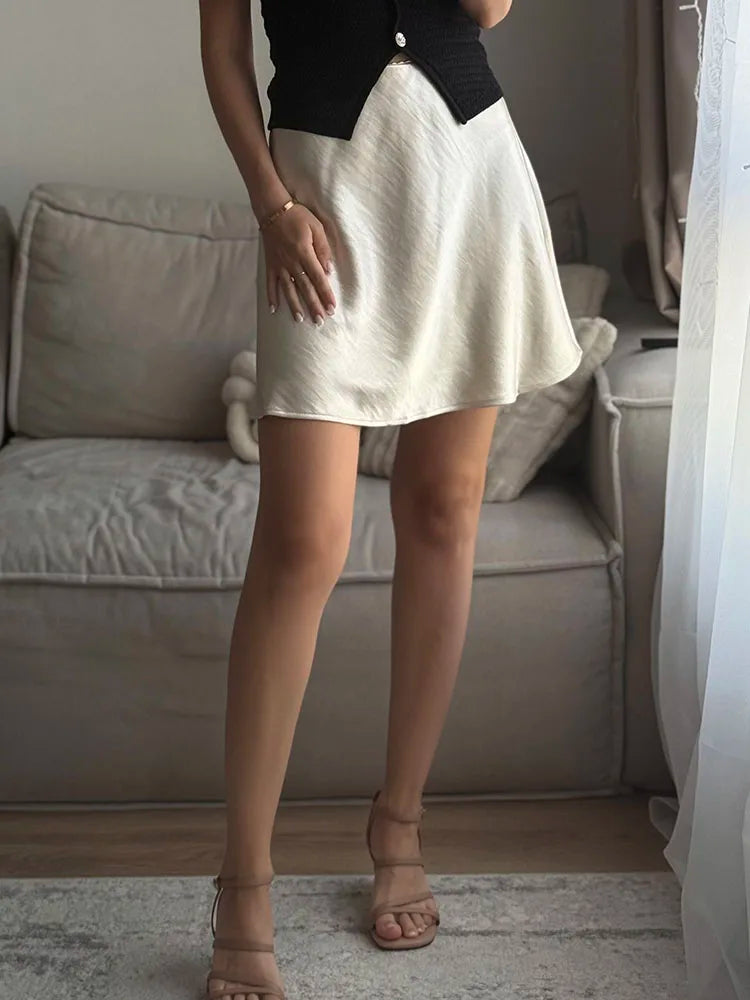 Women's Satin Mini Skirt – High Waist A-Line Luxury Office Wear in Black, Brown & Beige