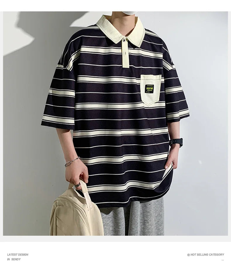 Men's Striped Polo Shirt — Loose Fit Short Sleeve Casual Summer Top