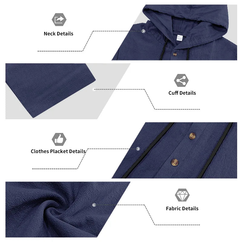 Men's Linen Casual Loose Hooded Henley Shirt & Long Pants Set – Relaxed Autumn 2-Piece Suit