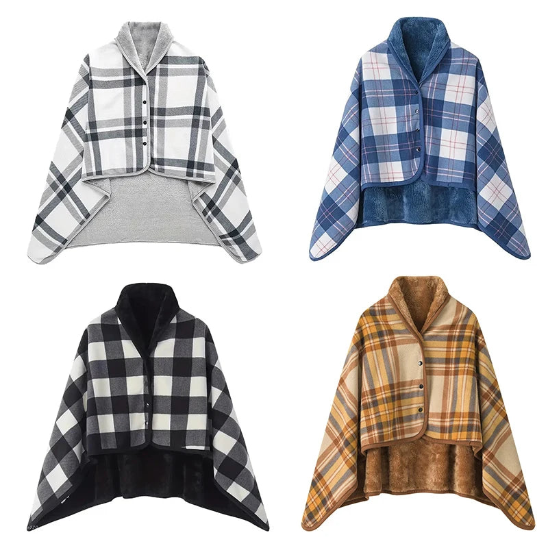 Wearable Plaid Fleece Blanket with Button – Thick Warm Throw for Sofa, Bed, Travel & Office