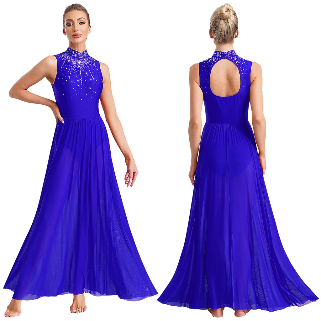 Rhinestone Maxi Sleeveless Contemporary Dance Dress — Mock Neck Wide Hemline Lyrical Leotard