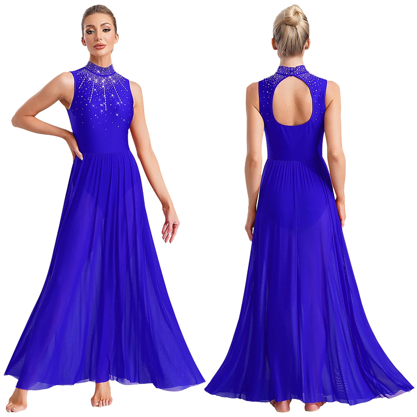 Rhinestone Maxi Sleeveless Contemporary Dance Dress — Mock Neck Wide Hemline Lyrical Leotard