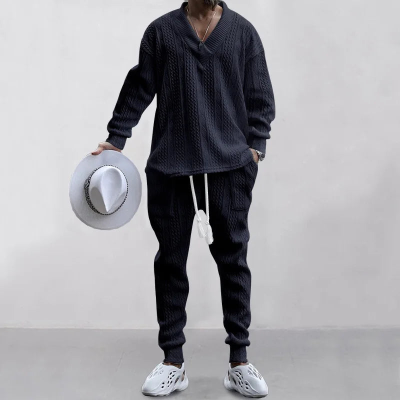 Men's Jacquard Knit Sweater & Casual Trousers Two-Piece Set