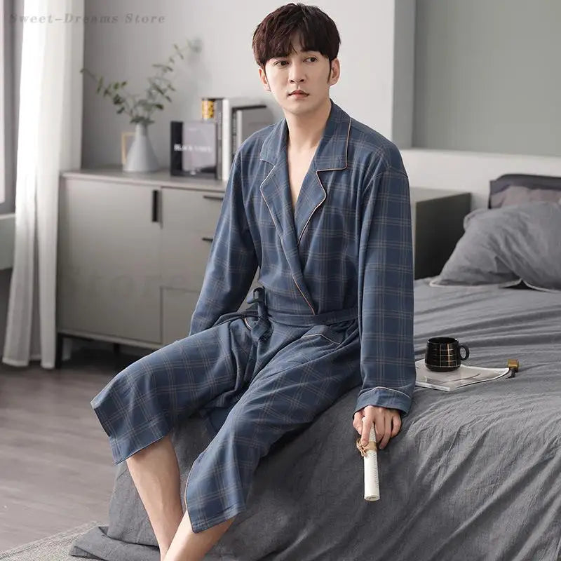 Men's Pure Cotton Plaid Kimono Robe | Long Bathrobe Dressing Gown M-4XL
