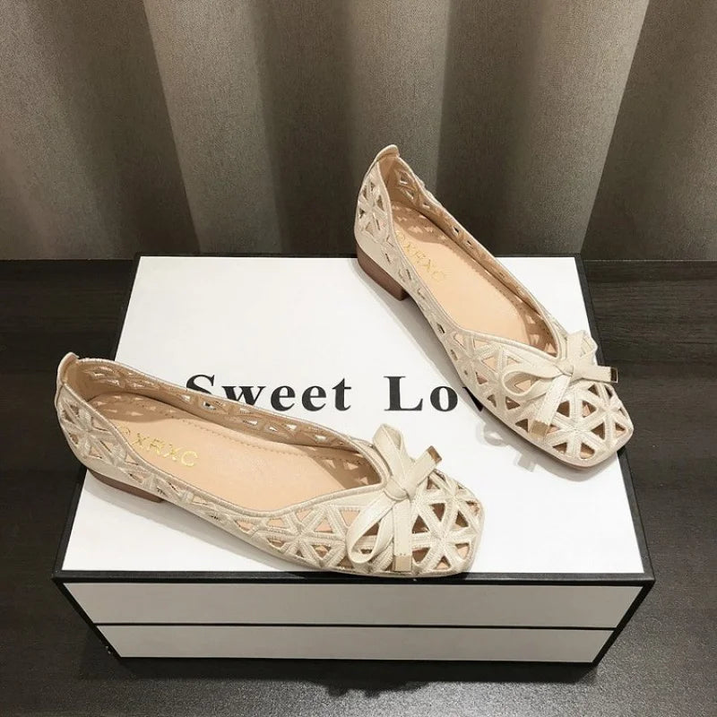 Elegant Ladies' Lace-up Bow Flat Shoes, Breathable Mesh Hollow Out Loafers, Comfortable Walking Shoes for Daily Wear
