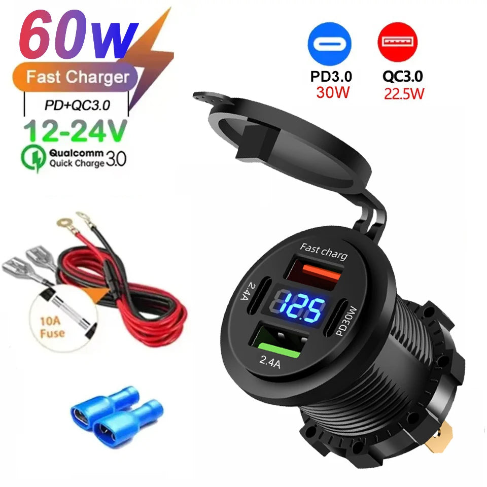 Car USB Charger with Voltmeter – PD3.0 & QC3.0 Fast Charging Socket for Motorcycle, Boat & Auto (12/24V)