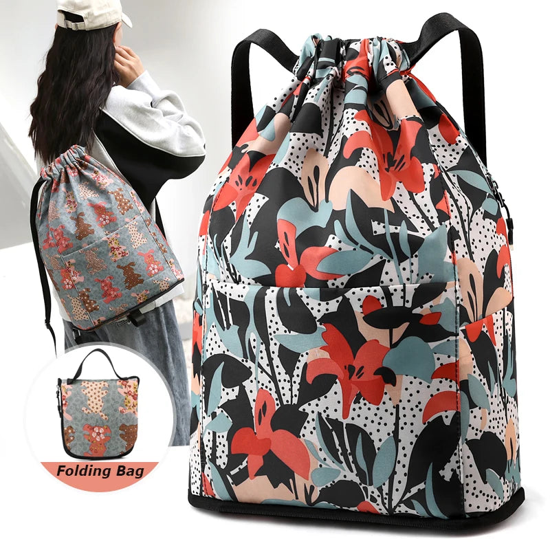 Women's Drawstring Backpack – Foldable Nylon Daypack