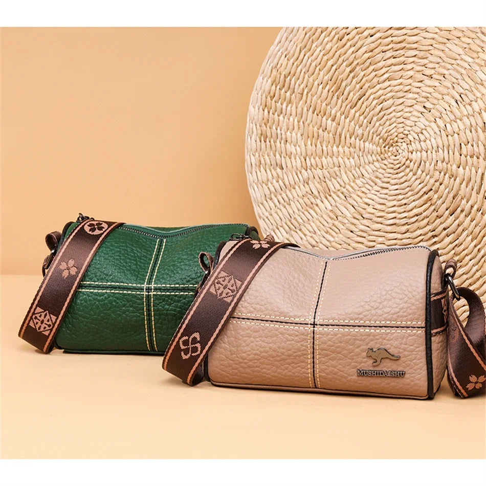 Luxury Genuine Leather Barrel Crossbody Bag – Sequin Shoulder Messenger Bag for Women