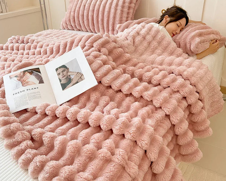 Striped Plush Blanket – Soft Faux Rabbit Fur Throw