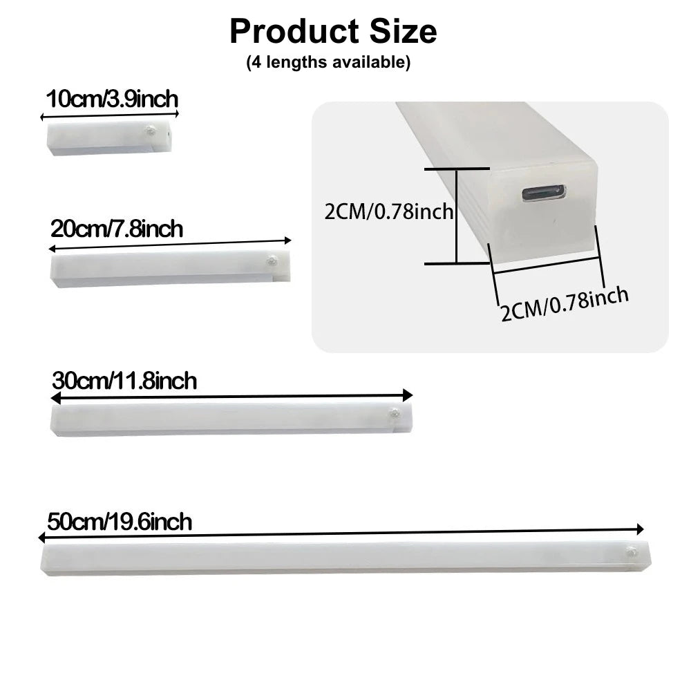 Wireless Motion Sensor LED Bar Light – USB-C Rechargeable, Magnetic Cabinet Lamp, 3 Color Temps, 4 Sizes