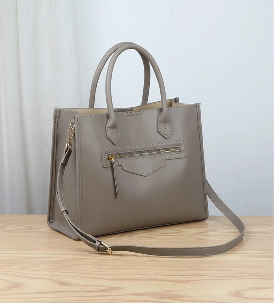 Luxury Cowhide Leather Tote Bag – Large Capacity Shoulder Bag with Laptop Compartment for Women
