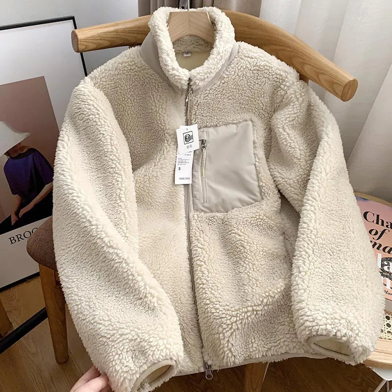 Japanese Fleece Zip Jacket – Unisex Loose Warm Lamb Wool Coat for Couples