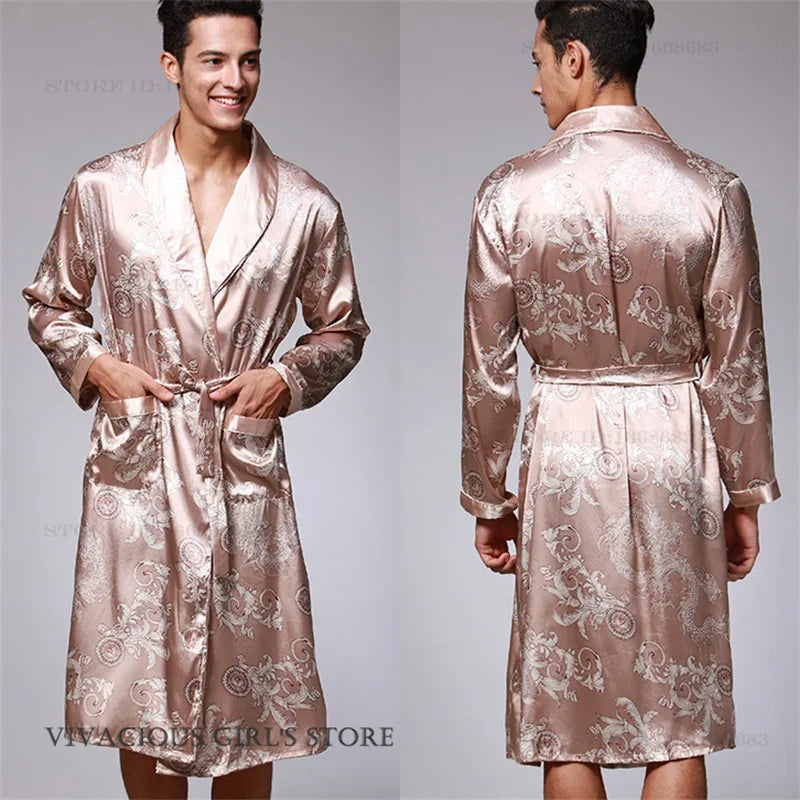 Men's Dragon Print Kimono Bathrobe — Plus Size Satin Robe