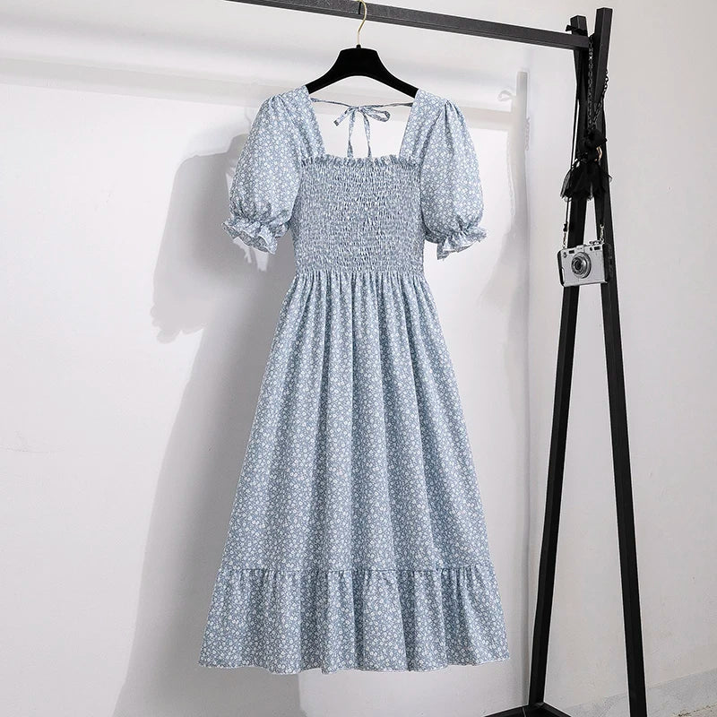Chiffon A-Line Midi Dress — Elastic Waist Short Sleeve Casual Dress