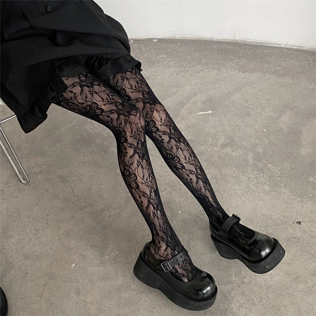 Lolita Floral Thigh-High Fishnet Stockings — Sheer Patterned Hosiery