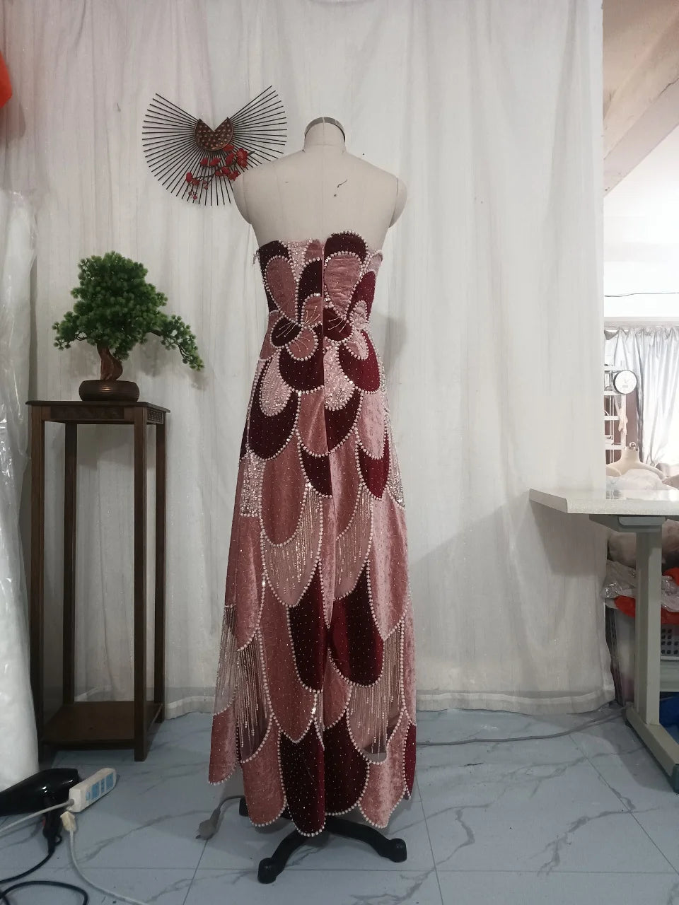 Dresses For Woman Cocktail Dress Pink Burgundy Strapless Abstract Floral Beaded Velvet Midi Gown  Vestidos De Fiesta Elegantes