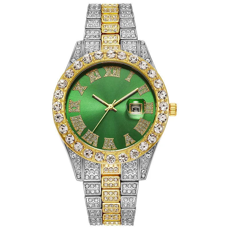Men's Classic Golden Roman Rhinestone Quartz Watch | Steel Strap Calendar Fashion Wristwatch