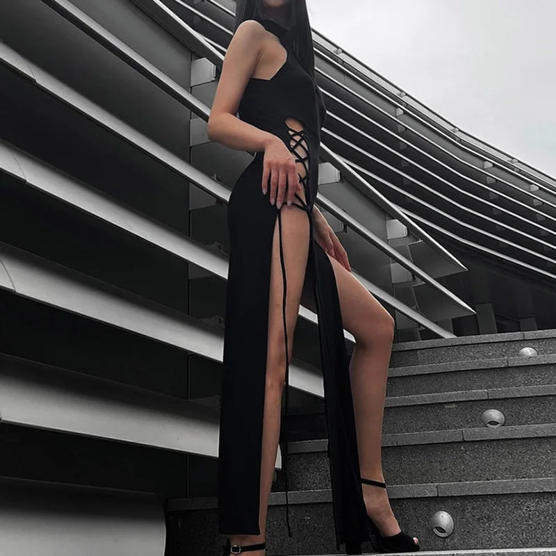 Gothic Halter Bandage Midi Dress — High Split Sexy Alt Partywear