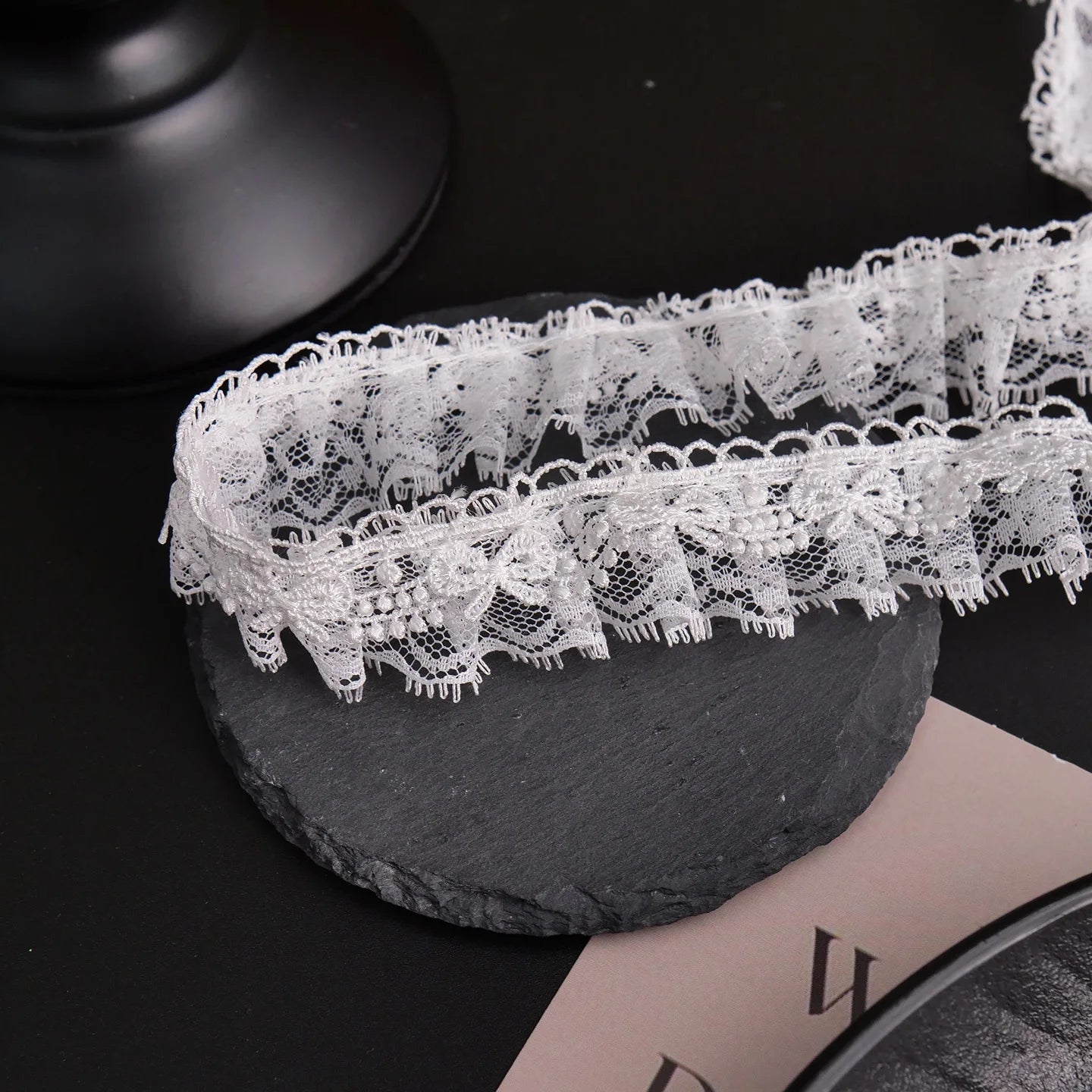 White Lace Ribbon Bow Trim — Embroidered Edge for Dresses, Bridal & DIY Crafts